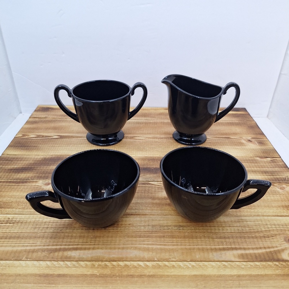 Vintage Black Amethyst Open Sugar And Creamer Set W/‎ 2 Cups 4pc Lot
